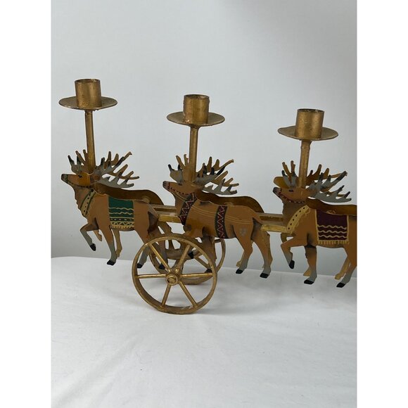 VTG Santa Sleigh Reindeer Metal Candle Holder Decor Centerpiece Mantel - Picture 3 of 11